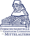 früher Druck: Geistlicher blättert in einem aufgeschlagenen Buch - Logo der Forschungsstelle für geistliche Literatur des Mittelalters (FGLM)